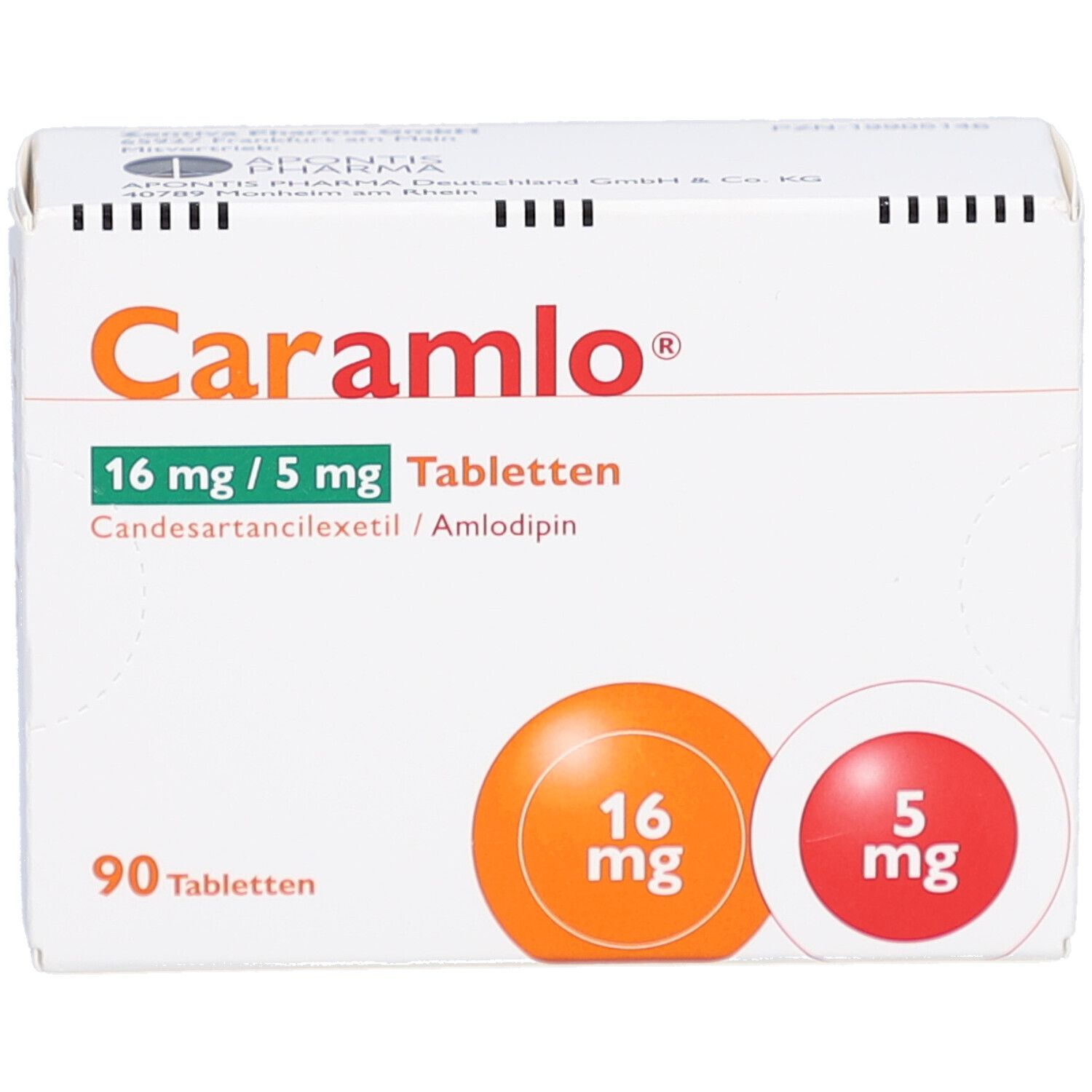 Schachtel mit CARAMLO 16 mg/5 mg Tabletten. Aufdruck: 90 Tabletten, 16 mg, 5 mg. Inhaltsstoffe: Candesartancilexetil/Amlodipin.