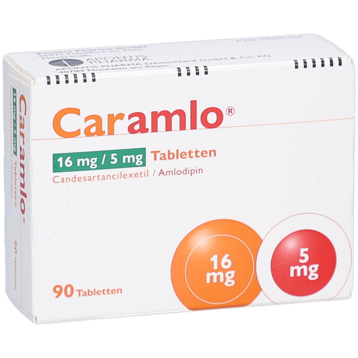 Schachtel mit CARAMLO 16 mg/5 mg Tabletten. Aufdruck: 90 Tabletten, 16 mg, 5 mg. Inhaltsstoffe: Candesartancilexetil/Amlodipin.