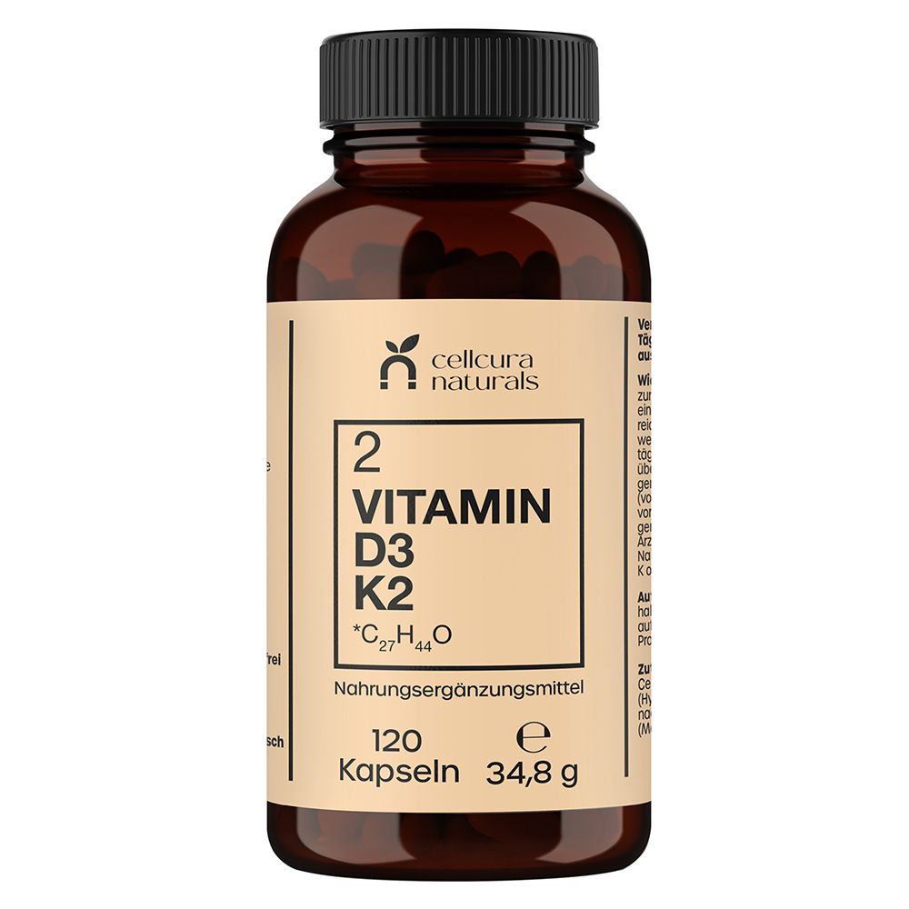 Braune Glasflasche mit CELLCURA Naturals Vitamin D3+K2 Kapseln, 120 Stück.