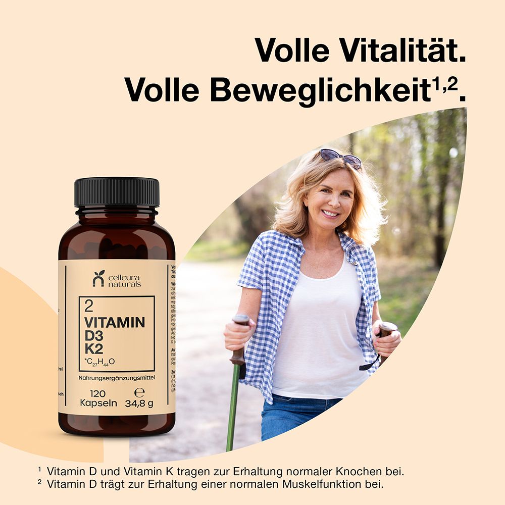Flasche CELLCURA Naturals Vitamin D3+K2 neben einer Frau mittleren Alters beim Nordic Walking.