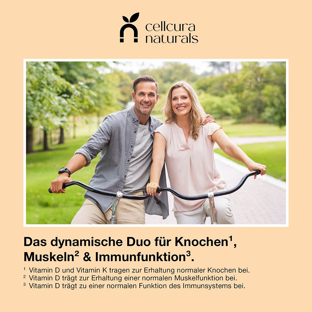 Ein Paar mittleren Alters auf Fahrrädern, lächelnd, mit CELLCURA Naturals Logo.
