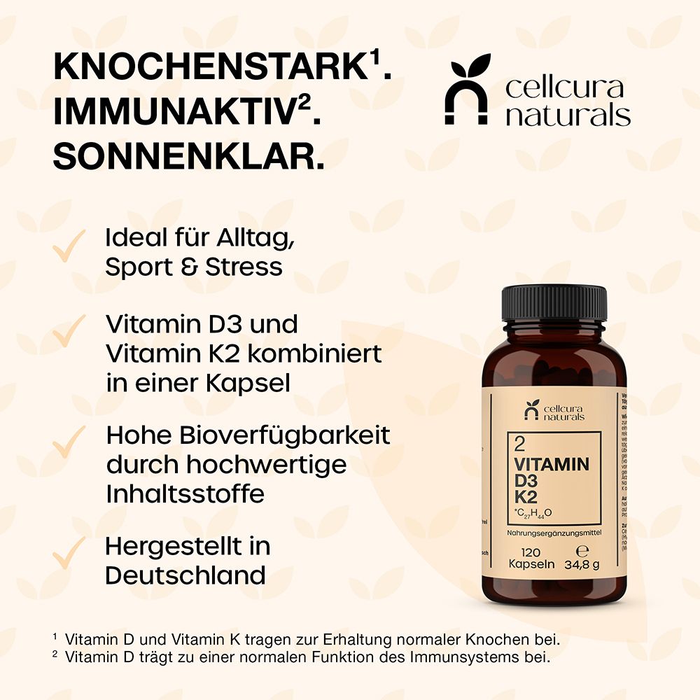 Flasche CELLCURA Naturals Vitamin D3+K2, mit Text über Knochenstärke und Immunaktivität.