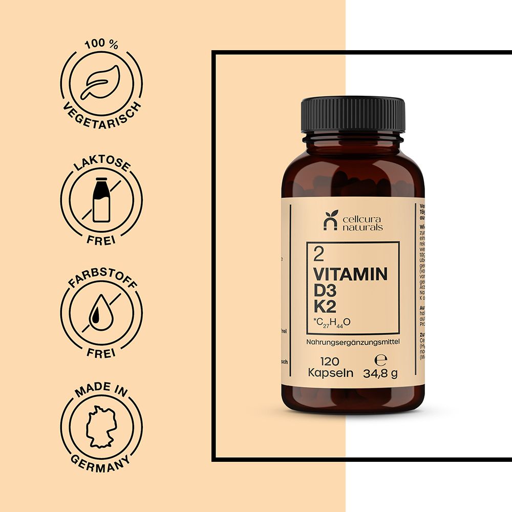 Flasche CELLCURA Naturals Vitamin D3+K2 mit Siegeln für vegetarisch, laktosefrei, farbstofffrei, Made in Germany.