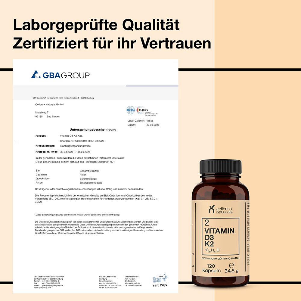 Flasche CELLCURA Naturals Vitamin D3+K2 neben einem Laborzertifikat von GBA GROUP.