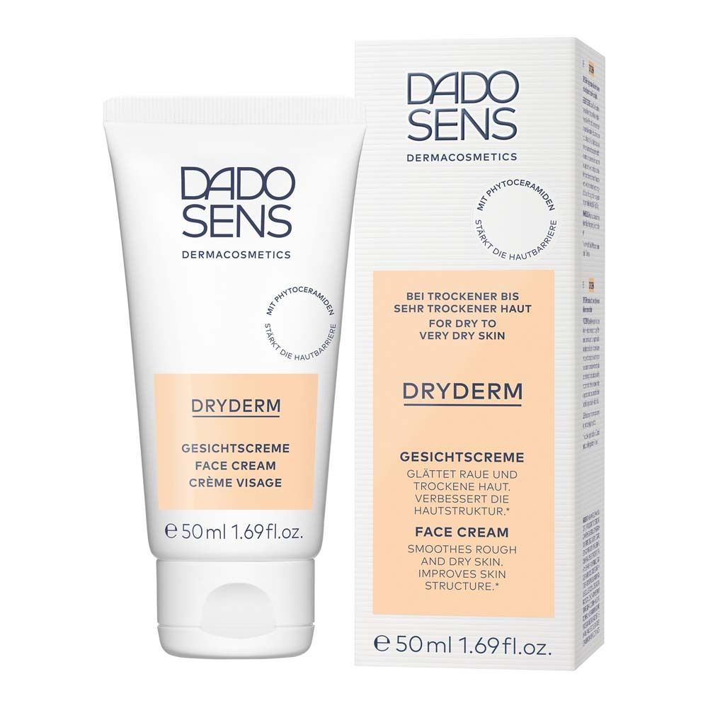 DADOSENS DRYDERM Gesichtscreme in Tube und Verpackung. Text: DRYDERM, Gesichtscreme, Face Cream, Crème Visage. Mit Phytoceramiden.