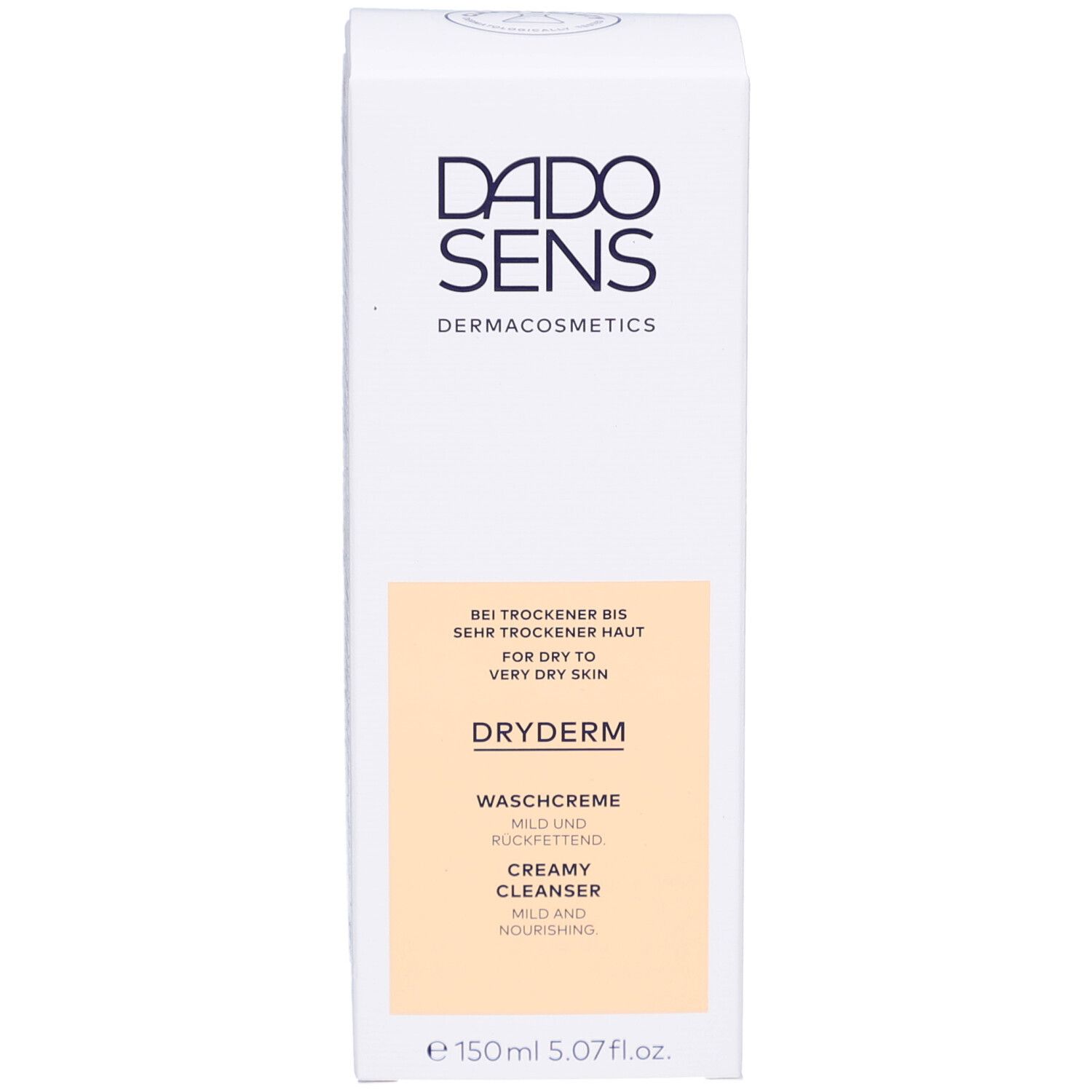 Weiße Verpackung mit DADOSENS-Logo und DRYDERM-Waschcreme-Aufdruck. Text: Für trockene bis sehr trockene Haut. 150ml.