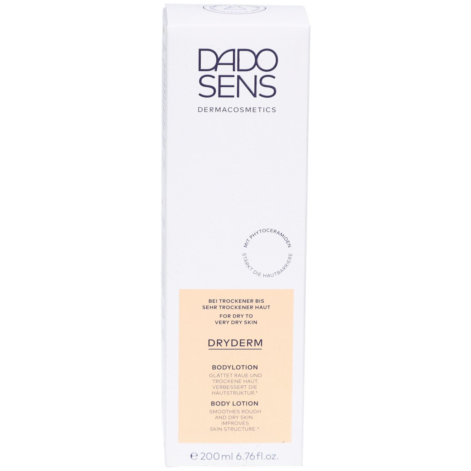 Vorderseite der DADOSENS DRYDERM Bodylotion-Verpackung. Weißer Karton mit Produktinformationen und Logo.