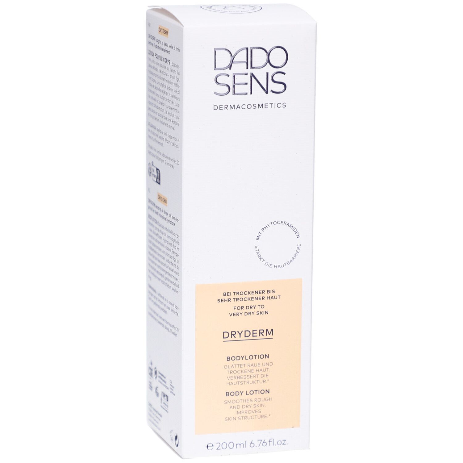 DADOSENS DRYDERM Bodylotion-Verpackung. Weißer Karton mit Produktinformationen und Logo. Aufschrift: DRYDERM, Bodylotion.