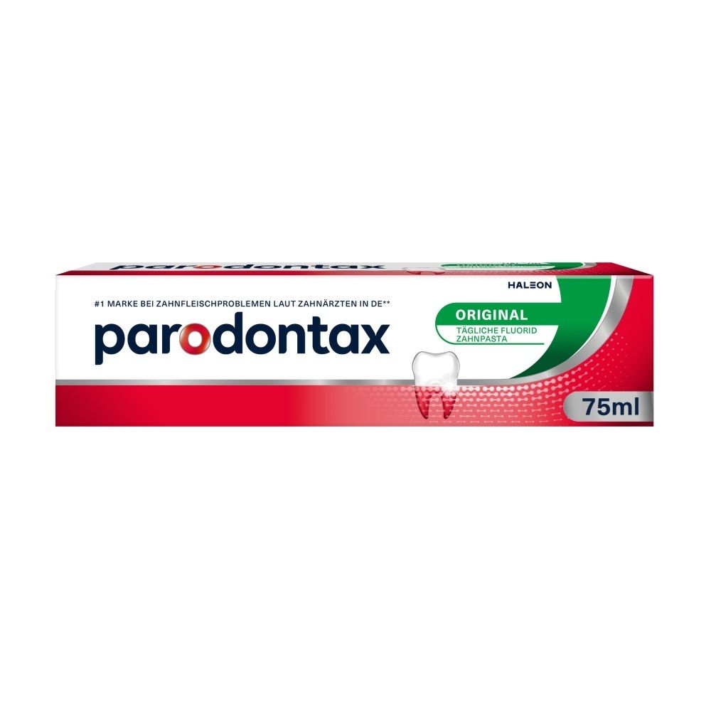 Parodontax Original Zahnpasta Tube, 75ml. Rote und weiße Verpackung mit Zahnsymbol.