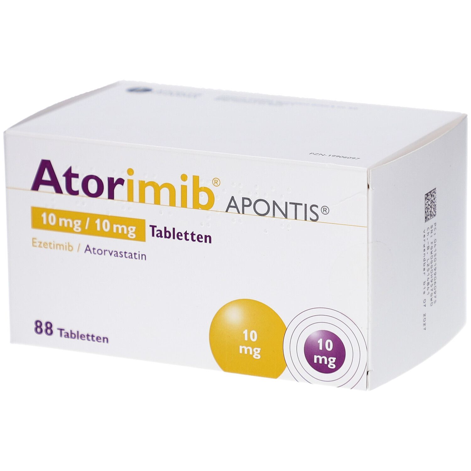 Weiße Schachtel mit lila und gelben Akzenten. Aufschrift: Atorimib APONTIS 10 mg/10 mg Tabletten. 88 Tabletten.
