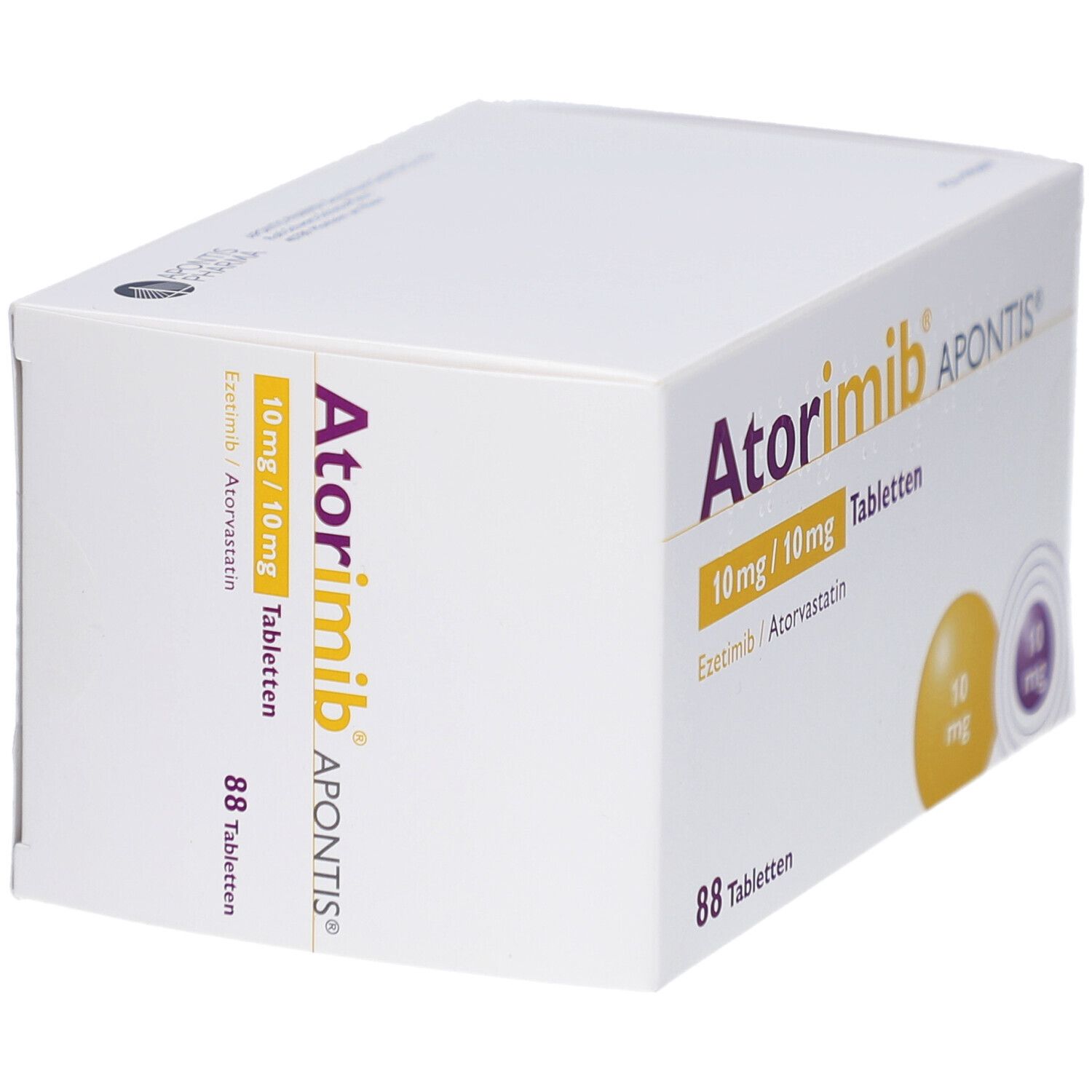 Weiße Schachtel, seitlich beschriftet mit Atorimib APONTIS 10 mg/10 mg Tabletten. 88 Tabletten. Gelber und lila Kreis.