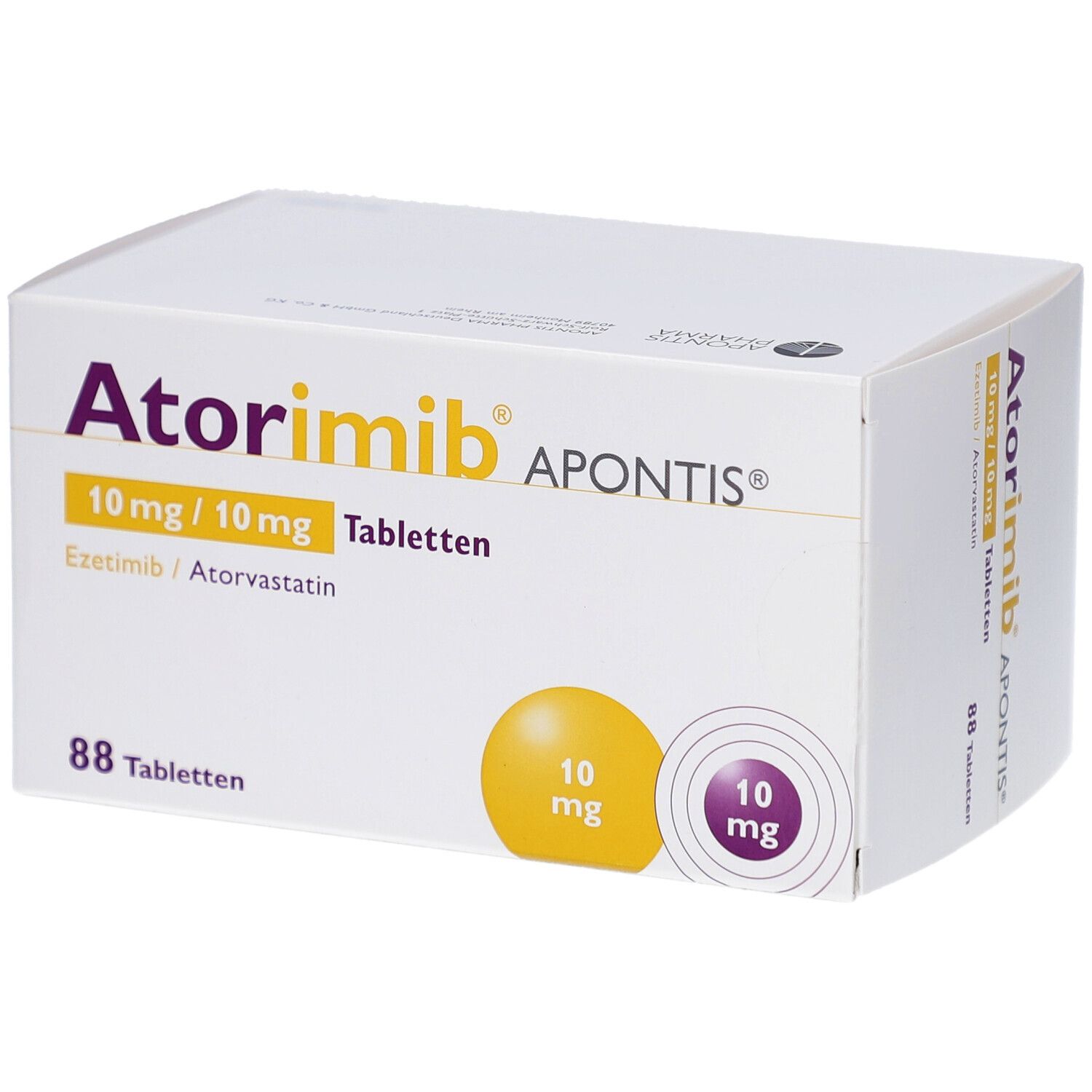Weiße Schachtel mit lila und gelben Akzenten. Aufschrift: Atorimib APONTIS 10 mg/10 mg Tabletten. 88 Tabletten.