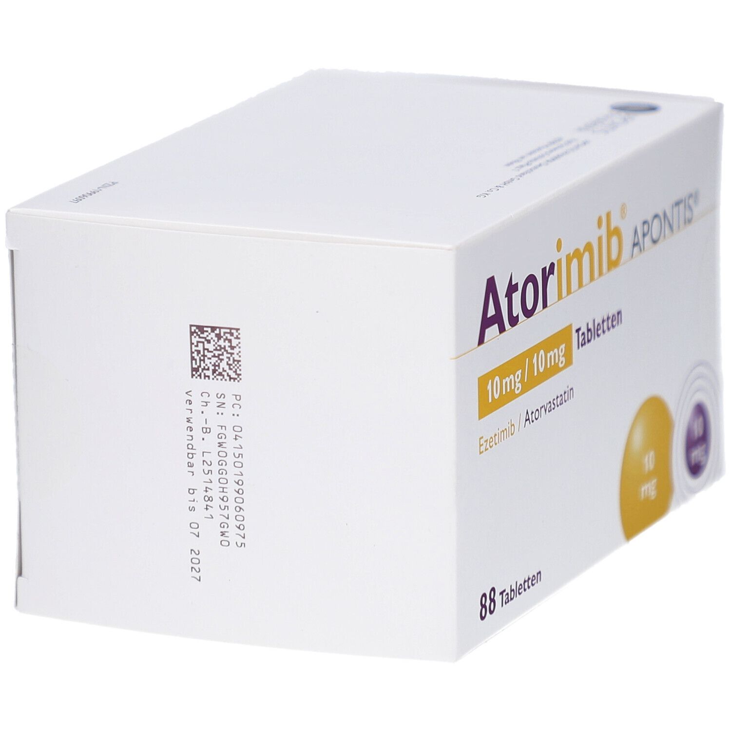 Weiße Schachtel mit lila und gelben Akzenten. Aufschrift: Atorimib APONTIS 10 mg/10 mg Tabletten. 88 Tabletten. QR-Code.