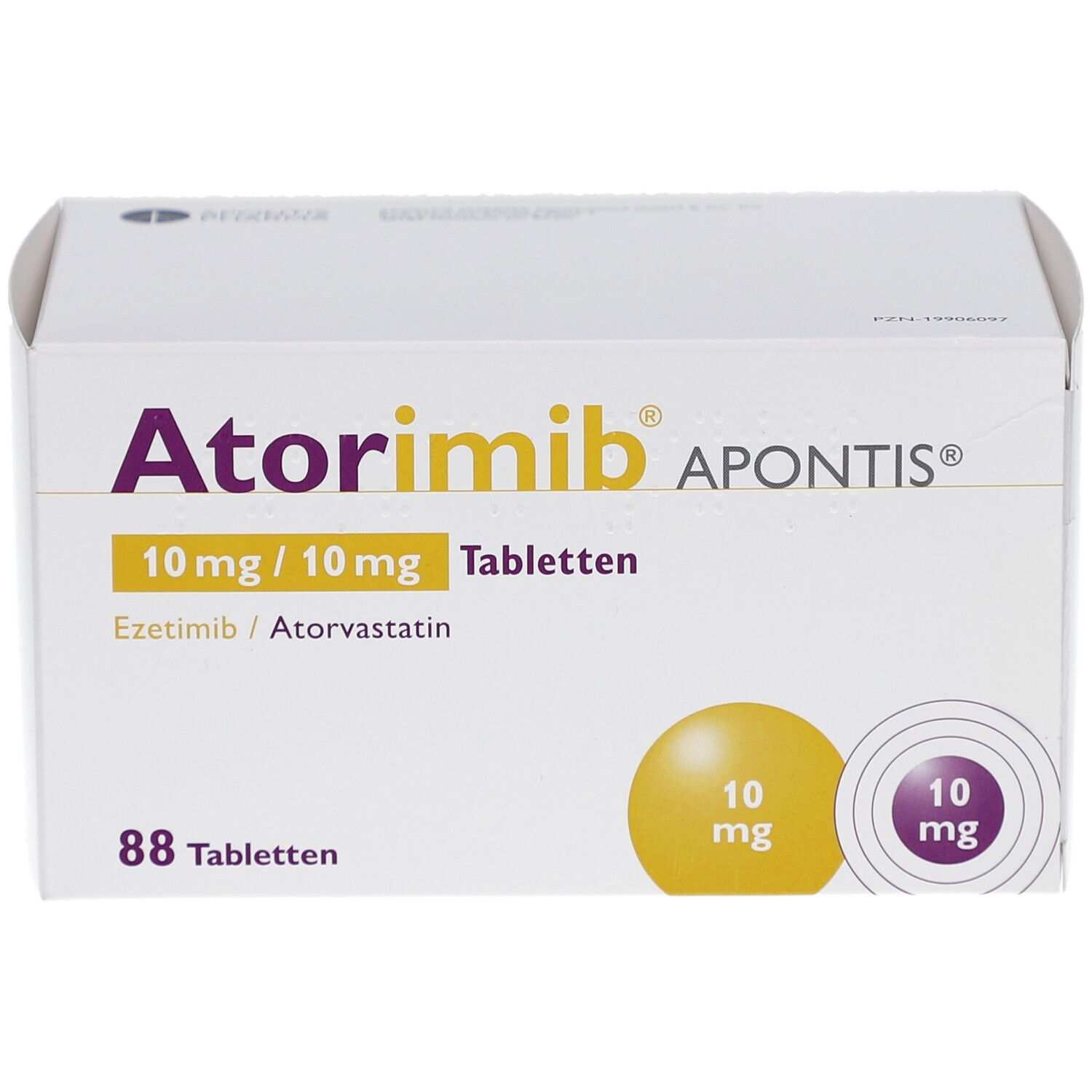 Weiße Schachtel mit lila und gelben Akzenten. Aufschrift: Atorimib APONTIS 10 mg/10 mg Tabletten. 88 Tabletten.