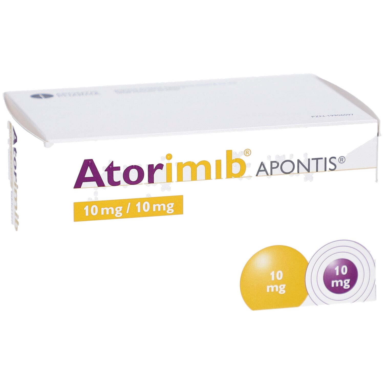 Weiße Schachtel mit lila und gelben Akzenten. Aufschrift: Atorimib APONTIS 10 mg/10 mg. Gelber und lila Kreis.