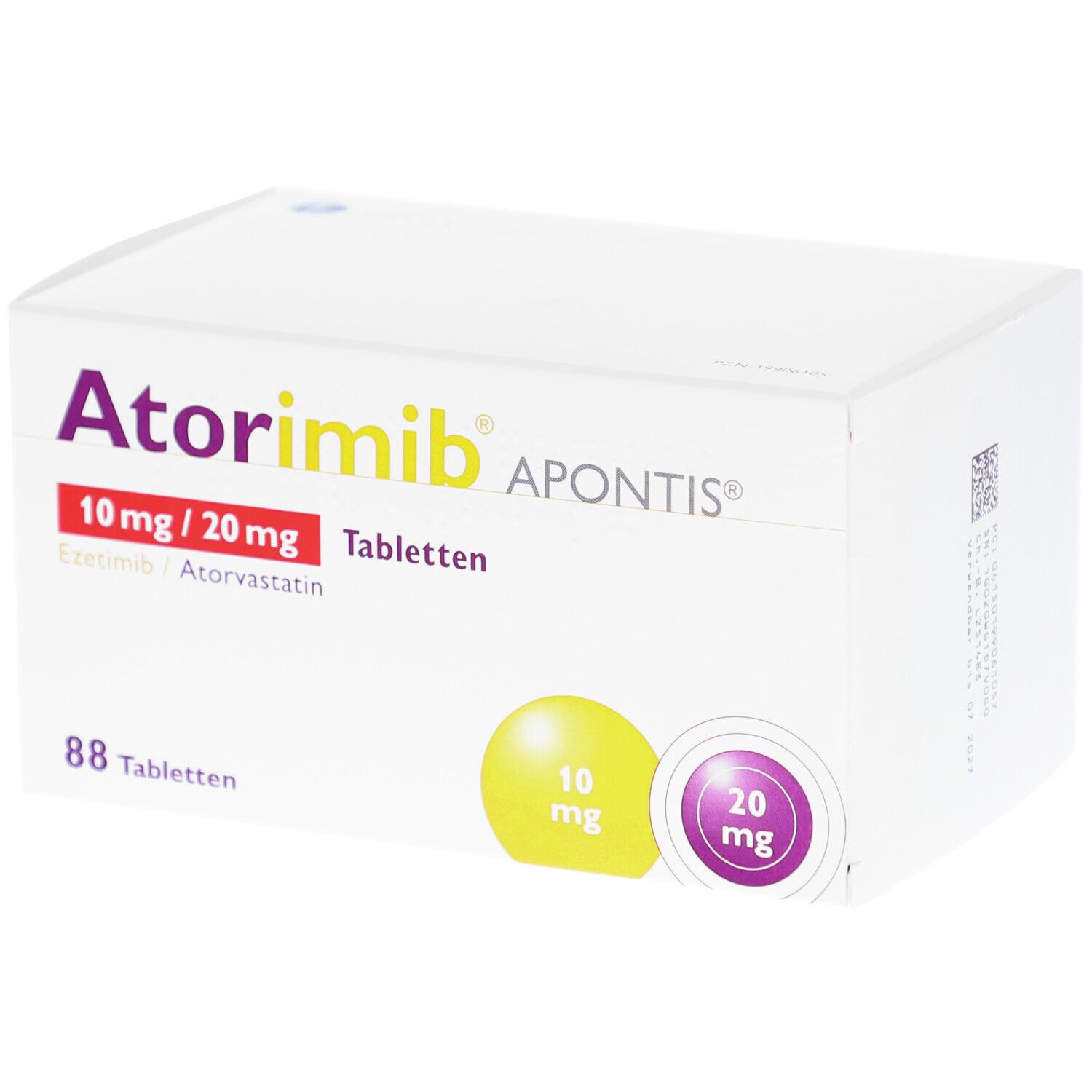 Weiße Faltschachtel mit Aufschrift Atorimib APONTIS, 10 mg/20 mg Tabletten. Gelbe und violette Kreise mit mg-Angaben.