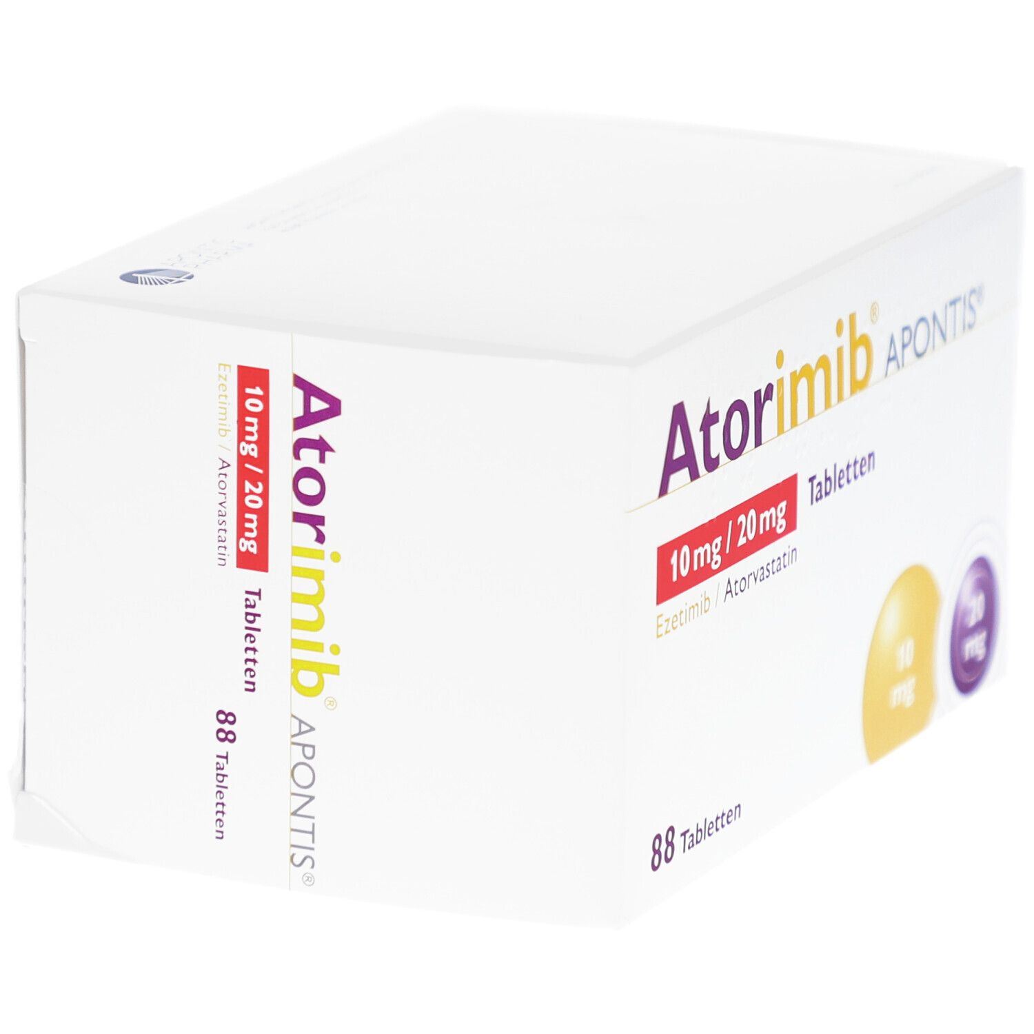 Weiße Faltschachtel mit Aufschrift Atorimib APONTIS, 10 mg/20 mg Tabletten. 88 Tabletten. Ansicht von der Seite.