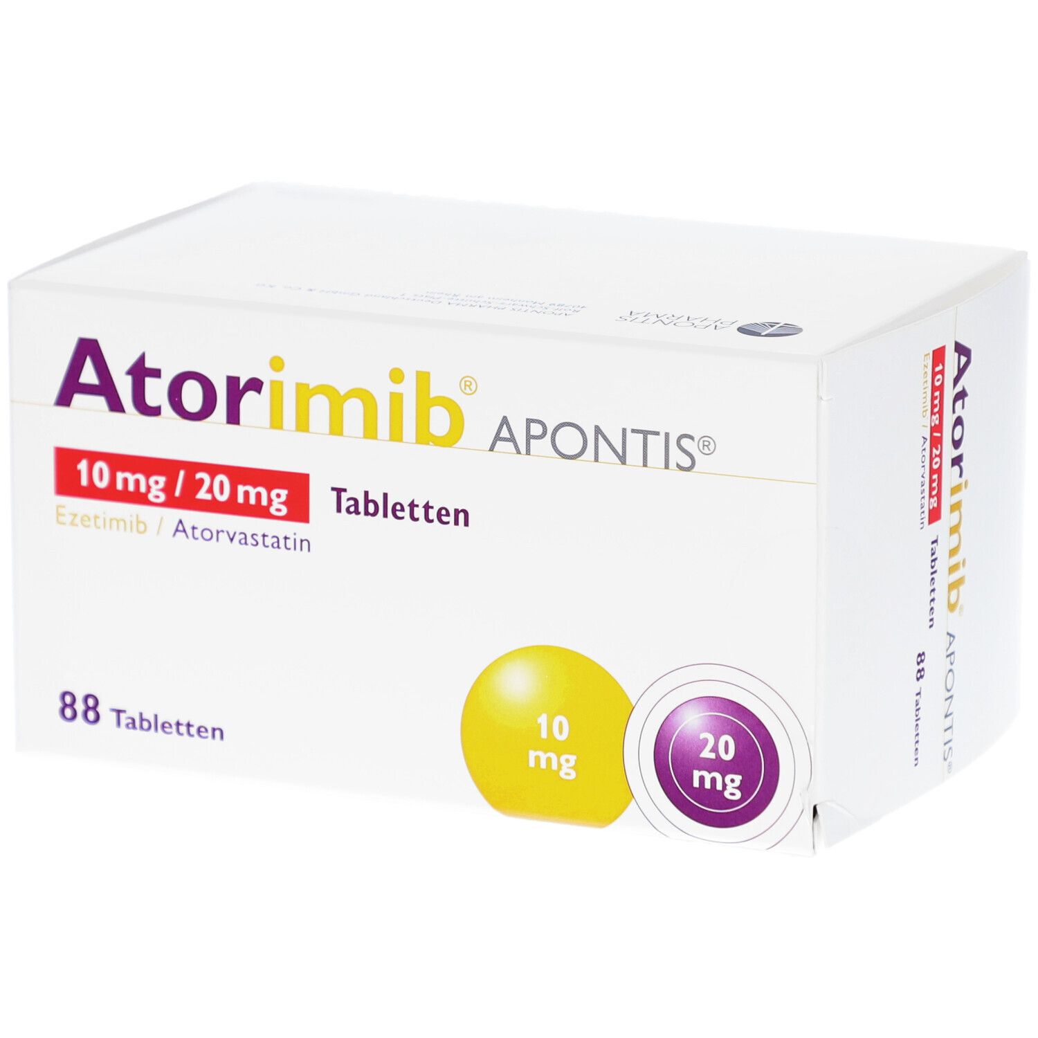 Weiße Faltschachtel mit Aufschrift Atorimib APONTIS, 10 mg/20 mg Tabletten. Gelbe und violette Kreise mit mg-Angaben.