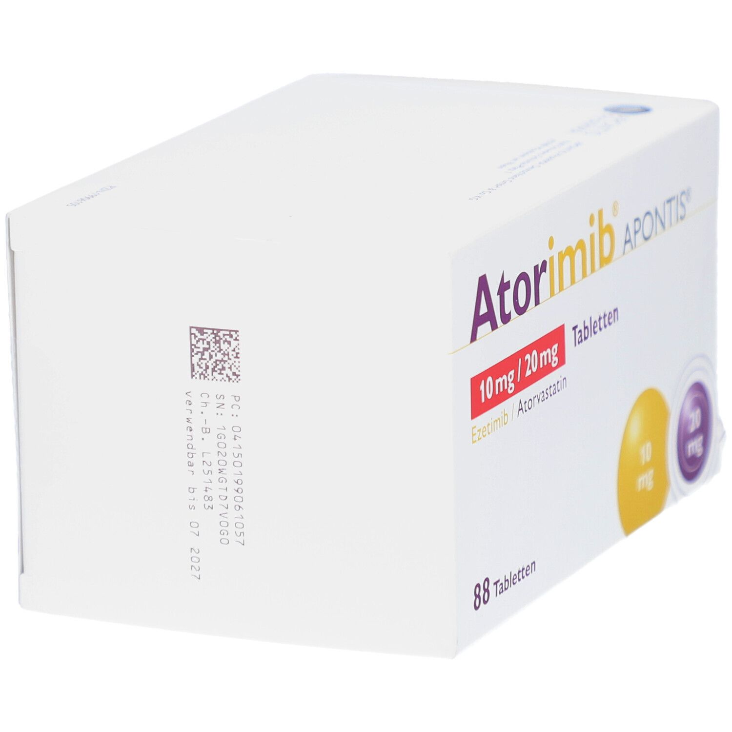 Weiße Faltschachtel mit Aufschrift Atorimib APONTIS, 10 mg/20 mg Tabletten. Rückseite mit Barcode und Text.