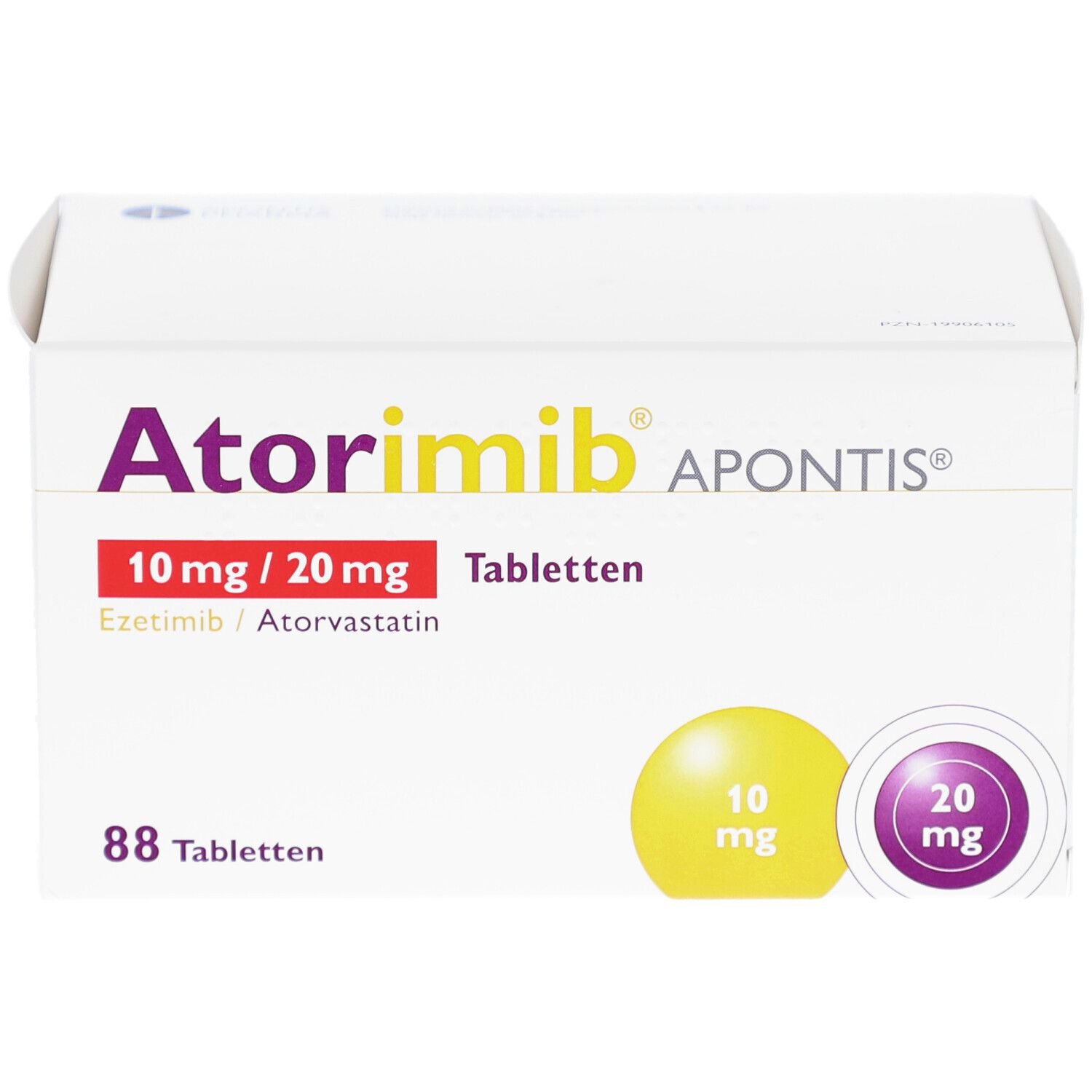 Weiße Faltschachtel mit Aufschrift Atorimib APONTIS, 10 mg/20 mg Tabletten. Gelbe und violette Kreise mit mg-Angaben.