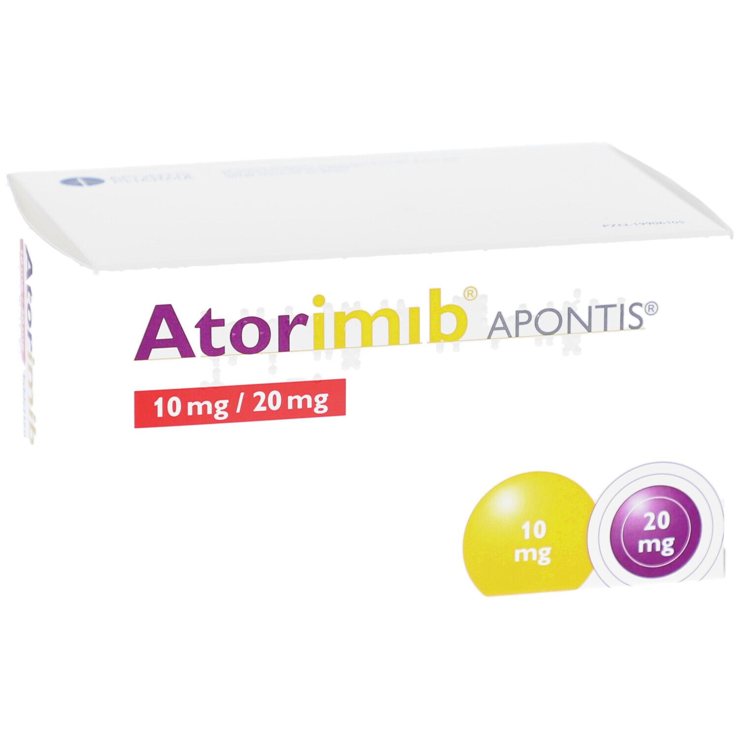 Weiße Faltschachtel mit Aufschrift Atorimib, 10 mg/20 mg. Gelbe und violette Kreise mit mg-Angaben.