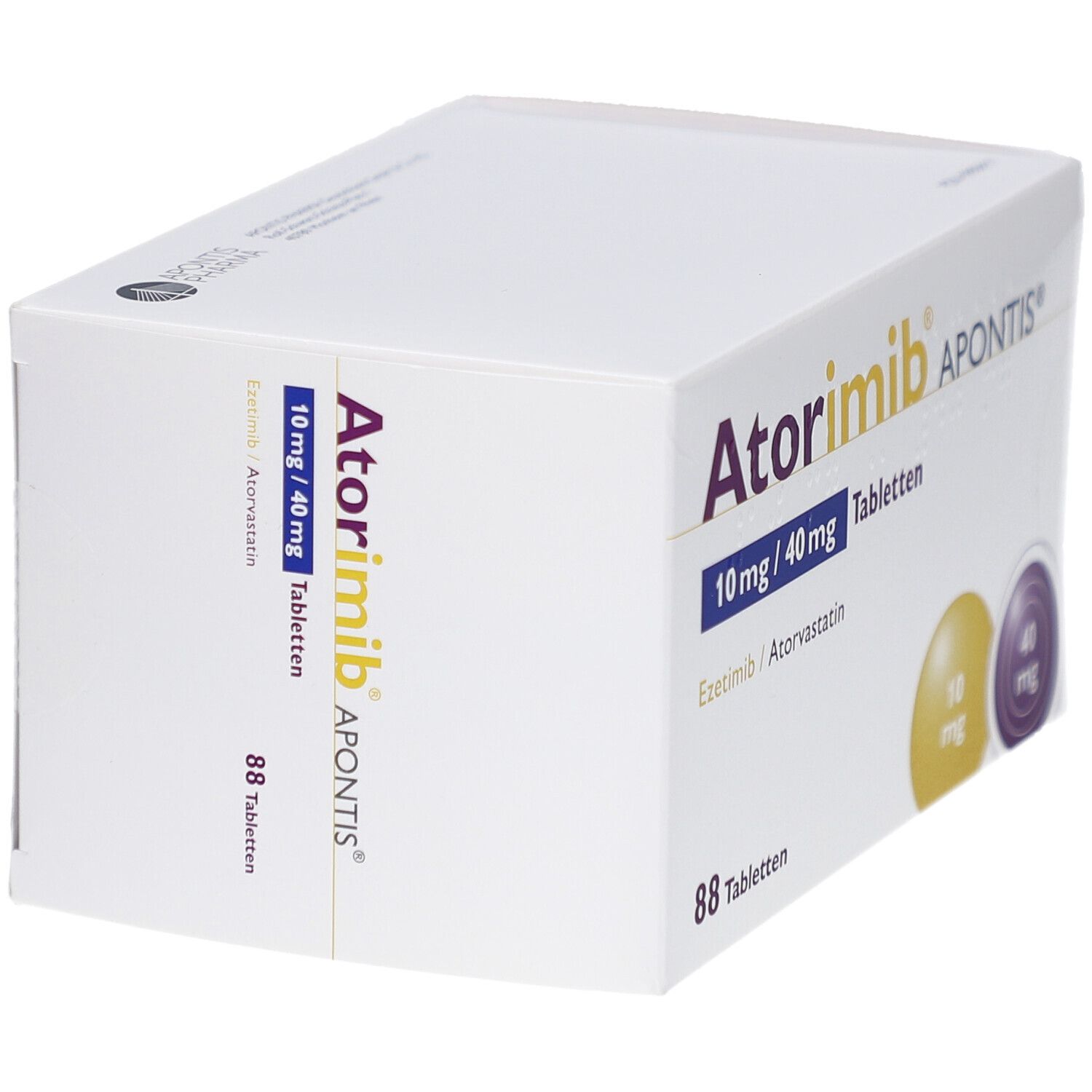 Weiße Faltschachtel mit Aufschrift Atorimib APONTIS 10 mg/40 mg Tabletten. Enthält 88 Tabletten. Gelbe und violette Kreise mit Dosierungsangaben.