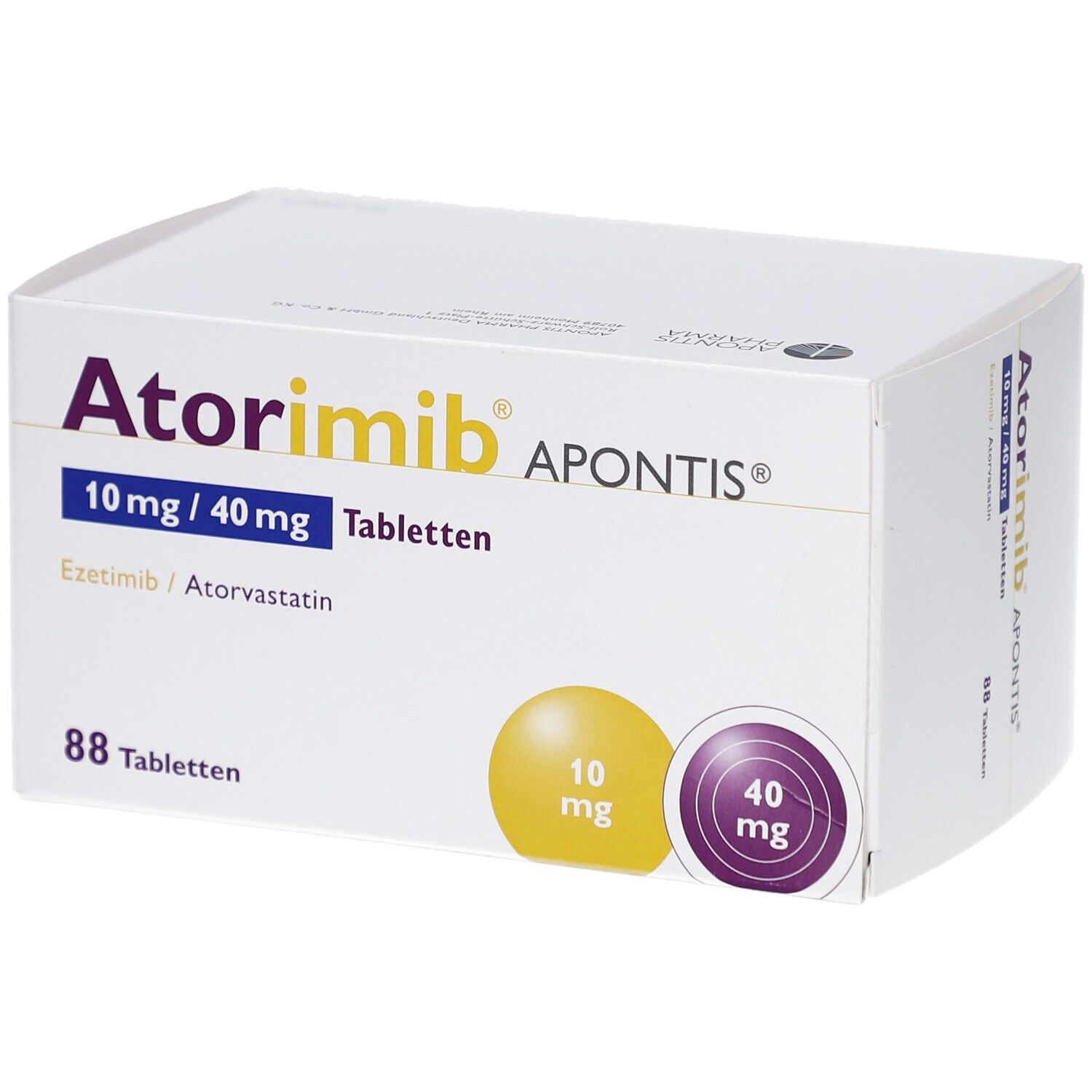 Weiße Faltschachtel mit Atorimib APONTIS 10 mg/40 mg Tabletten. Enthält 88 Tabletten. Gelbe und violette Kreise mit Dosierungsangaben.