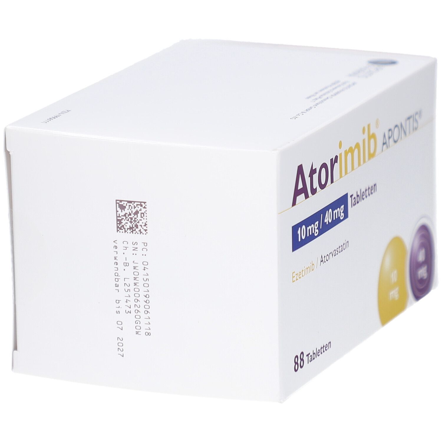 Weiße Faltschachtel mit Atorimib APONTIS 10 mg/40 mg Tabletten. Enthält 88 Tabletten. Gelbe und violette Kreise mit Dosierungsangaben. QR-Code und Verfallsdatum.