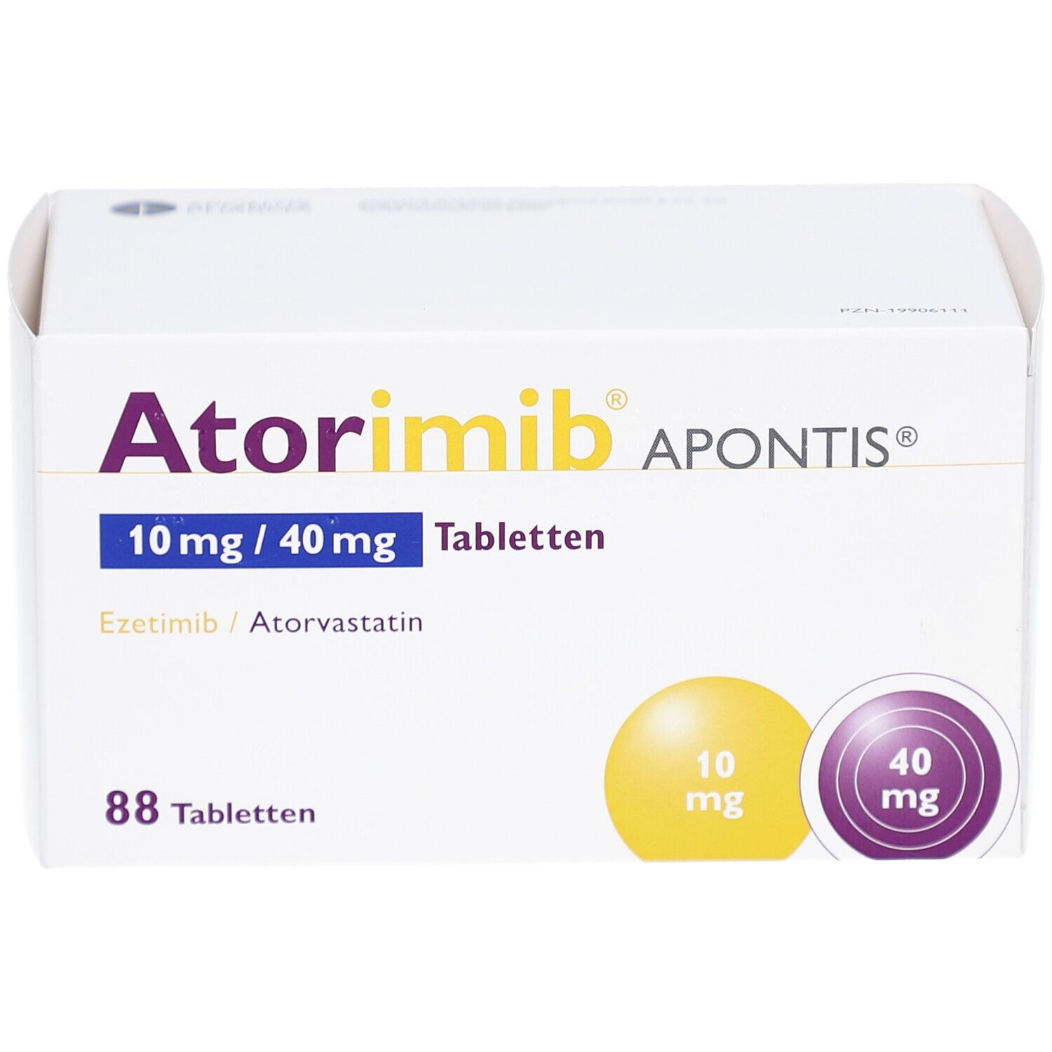 Weiße Faltschachtel mit Atorimib APONTIS 10 mg/40 mg Tabletten. Enthält 88 Tabletten. Gelbe und violette Kreise mit Dosierungsangaben.