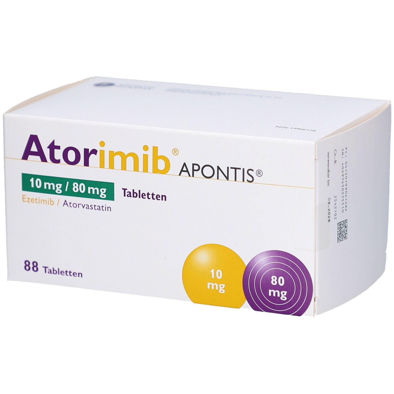 Weiße Tablettenbox. Aufschrift: Atorimib APONTIS 10 mg/80 mg Tabletten. 88 Tabletten. Gelbe und violette Kreise mit Dosierungsangaben.