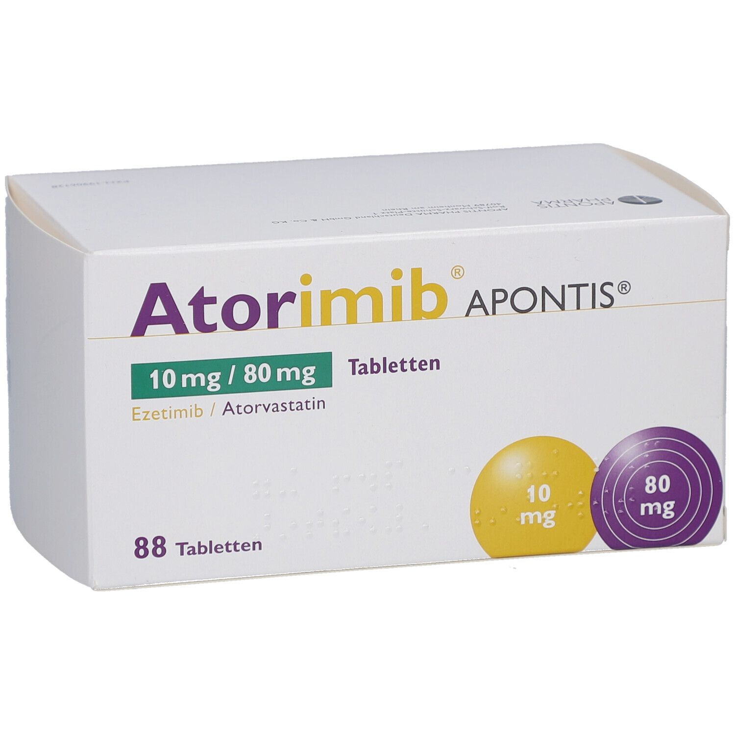 Weiße Tablettenbox. Aufschrift: Atorimib APONTIS 10 mg/80 mg Tabletten. 88 Tabletten. Gelbe und violette Kreise mit Dosierungsangaben.