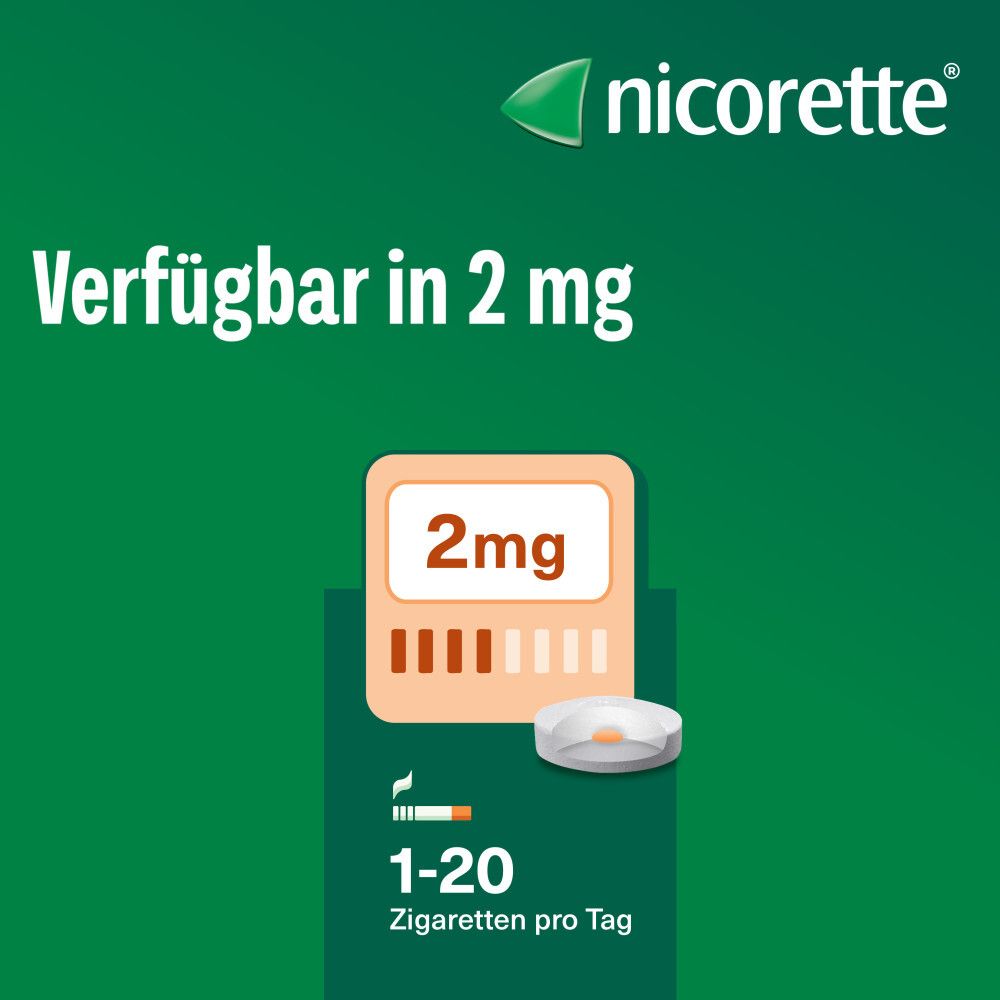 Grafik: 2mg Nicorette Lutschtablette. Text: Verfügbar in 2 mg. Grafik: 1-20 Zigaretten pro Tag. Logo Nicorette.