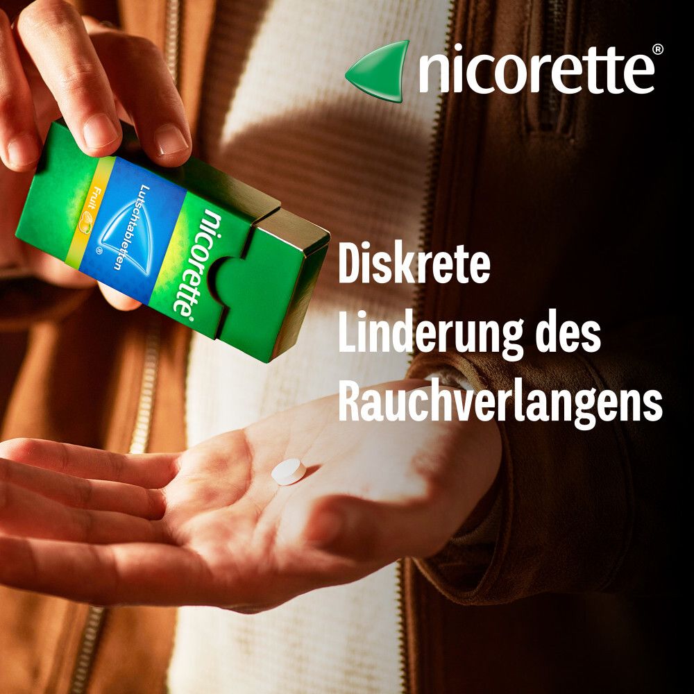 Mann hält eine Nicorette Lutschtablette. Text: Diskrete Linderung des Rauchverlangens. Logo Nicorette.
