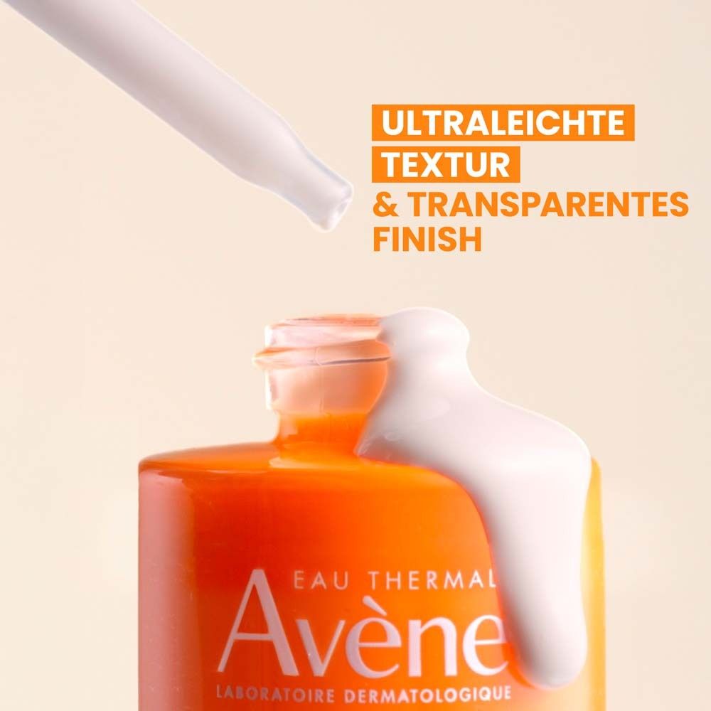 Avene Ultra Serum SPF 50+ Flasche mit Serum. Text: Ultra leichte Textur & transparentes Finish.