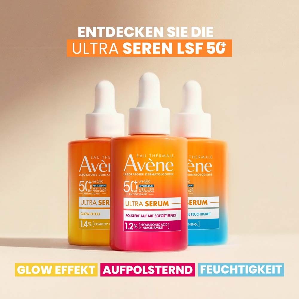 Drei Avene Ultra Serum SPF 50+ Flaschen. Text: Entdecken Sie die Ultra Seren LSF 50. Glow Effekt, Aufpolsternd, Feuchtigkeit.