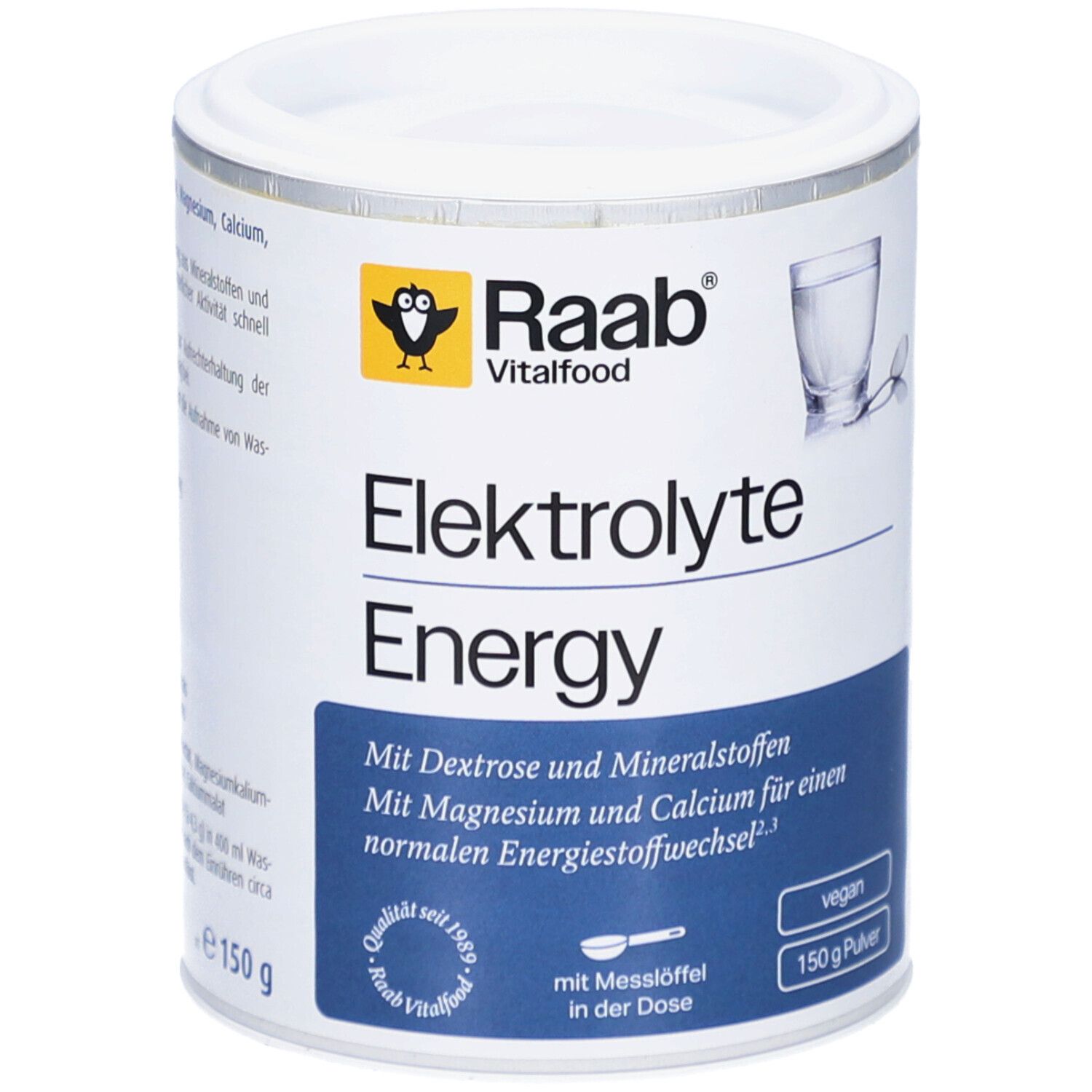Weißes Pulver in Dose. Aufschrift: Raab Vitalfood Elektrolyte Energy. Mit Messlöffel. Vegan. 150 g Pulver.
