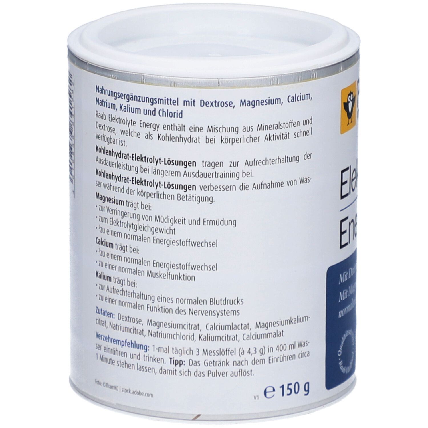 Rückseite der Dose. Text: Nahrungsergänzungsmittel mit Dextrose, Magnesium, Calcium, Natrium, Kalium und Chlorid. Inhaltsstoffe und Verzehrempfehlung.