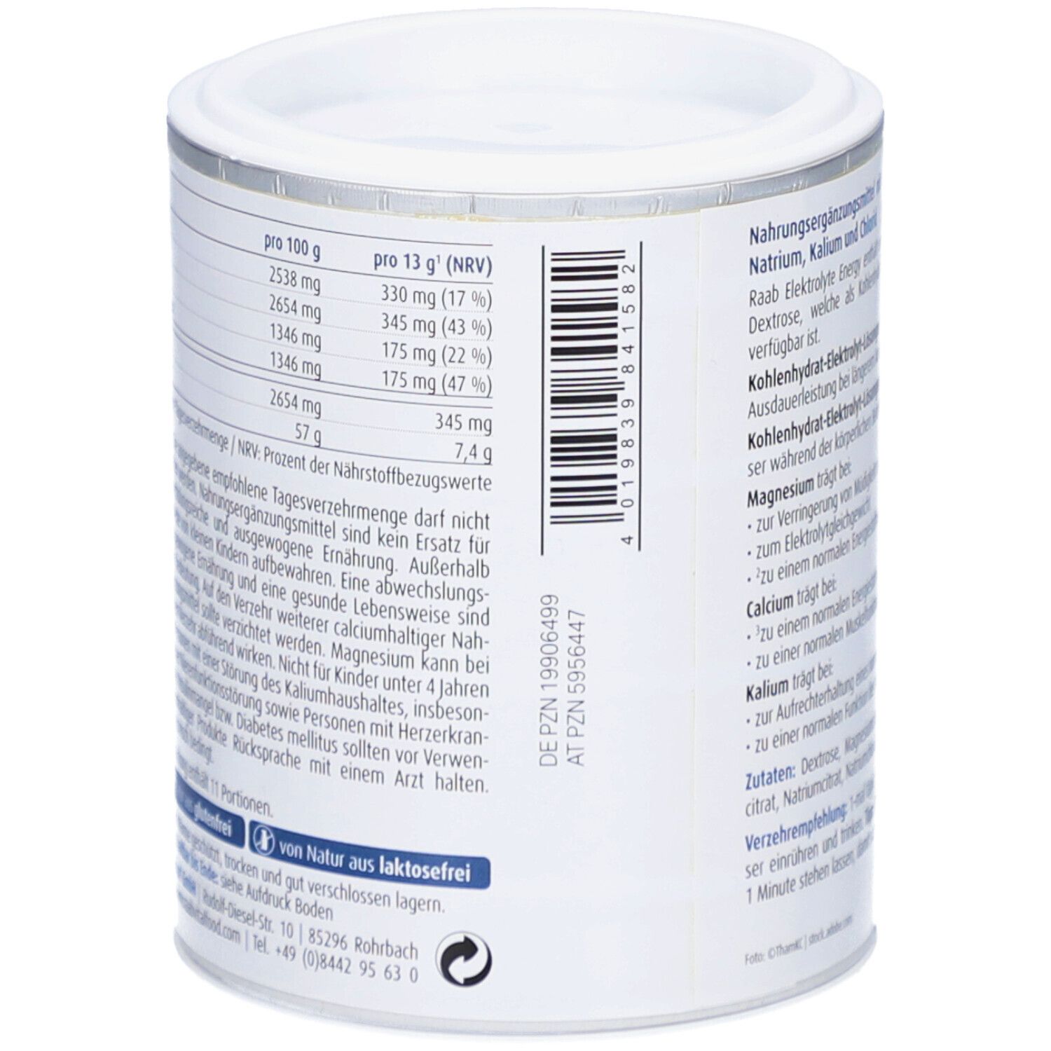 Rückseite der Dose. Tabelle mit Nährwertangaben pro 100g und pro 13g. Barcode. Text: Von Natur aus laktosefrei.
