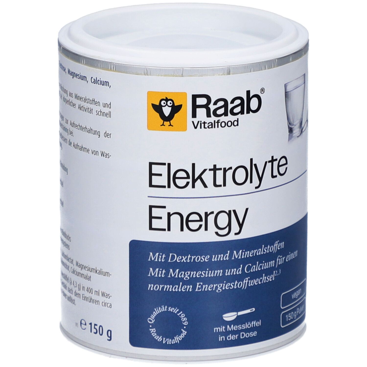 Weißes Pulver in Dose. Aufschrift: Raab Vitalfood Elektrolyte Energy. Mit Messlöffel. Vegan. 150 g Pulver.