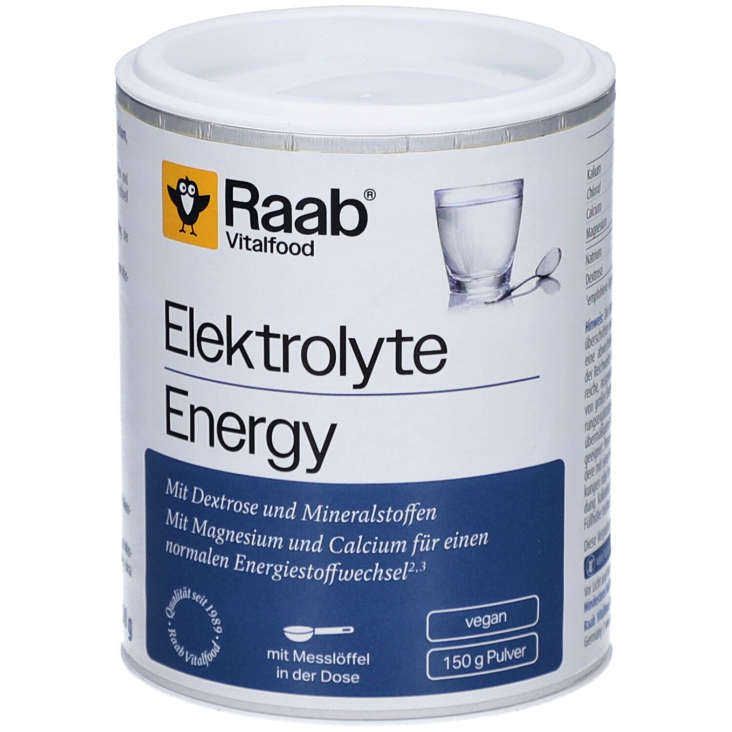 Weißes Pulver in Dose. Aufschrift: Raab Vitalfood Elektrolyte Energy. Mit Messlöffel. Vegan. 150 g Pulver.