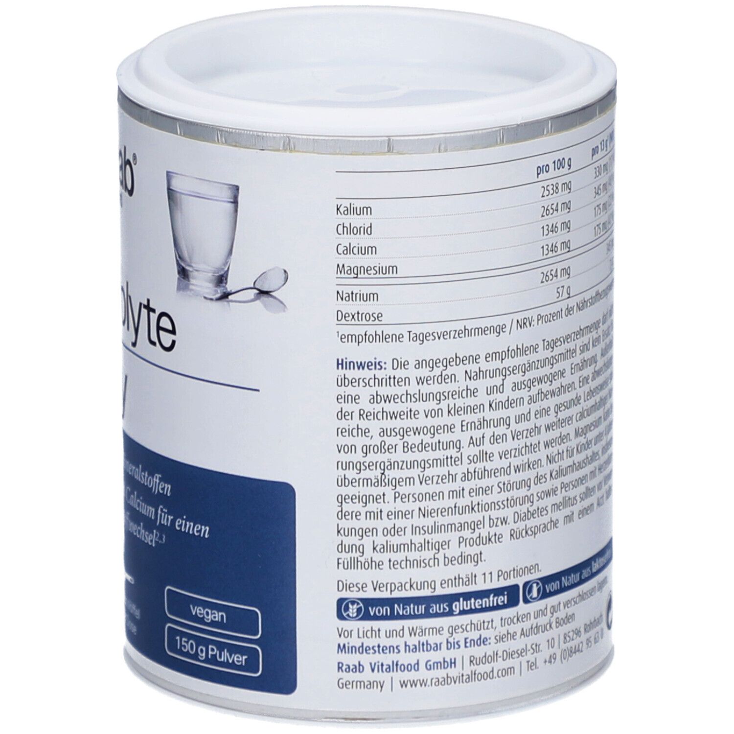 Rückseite der Dose. Text: Nährwertangaben, Inhaltsstoffe. Hinweis: Von Natur aus glutenfrei. 11 Portionen.