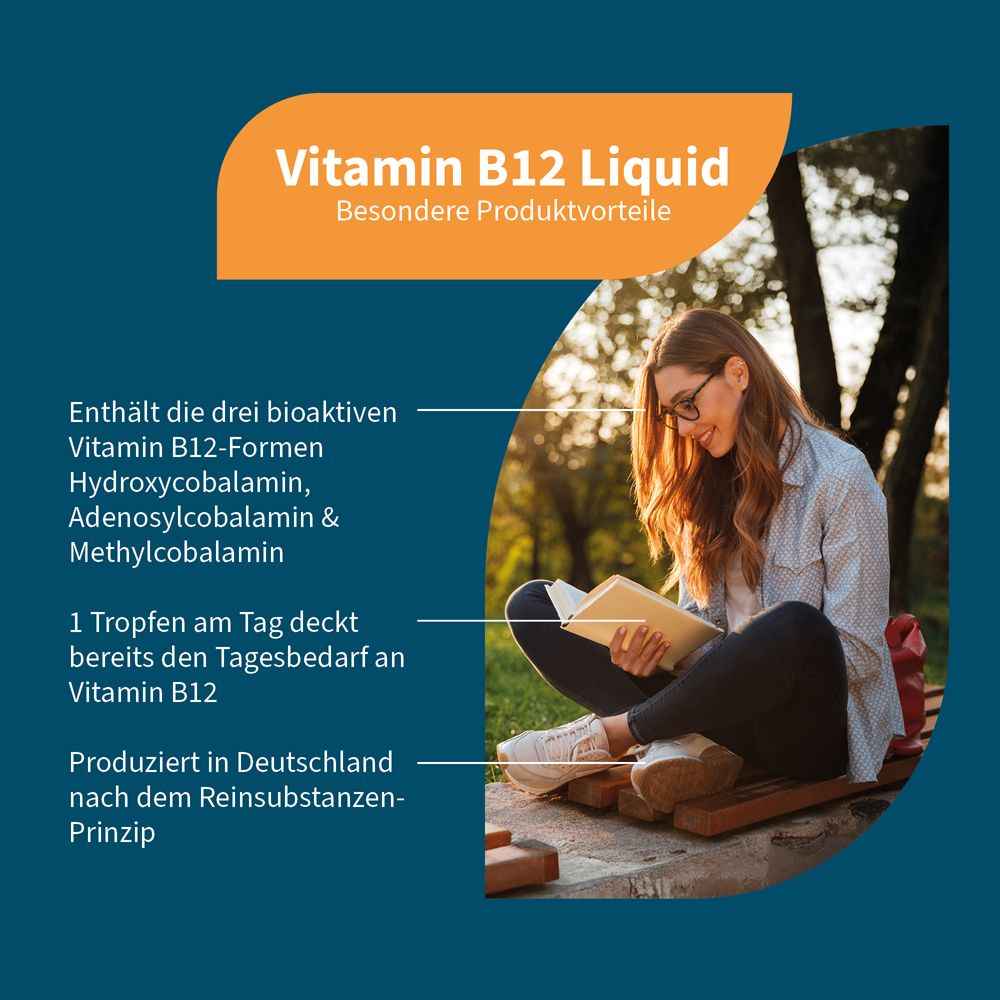 Frau liest Buch im Freien, neben Text über NatuGena Vitamin B12 Liquid Vorteile.
