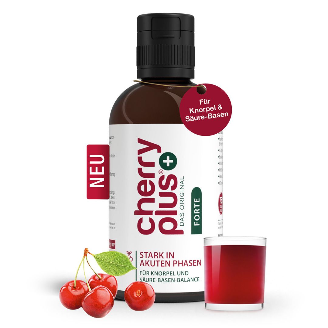 Braune Flasche mit schwarzem Deckel. Aufschrift: Cherry Plus Forte. Text: Stark in akuten Phasen. Für Knorpel und Säure-Basen-Balance.