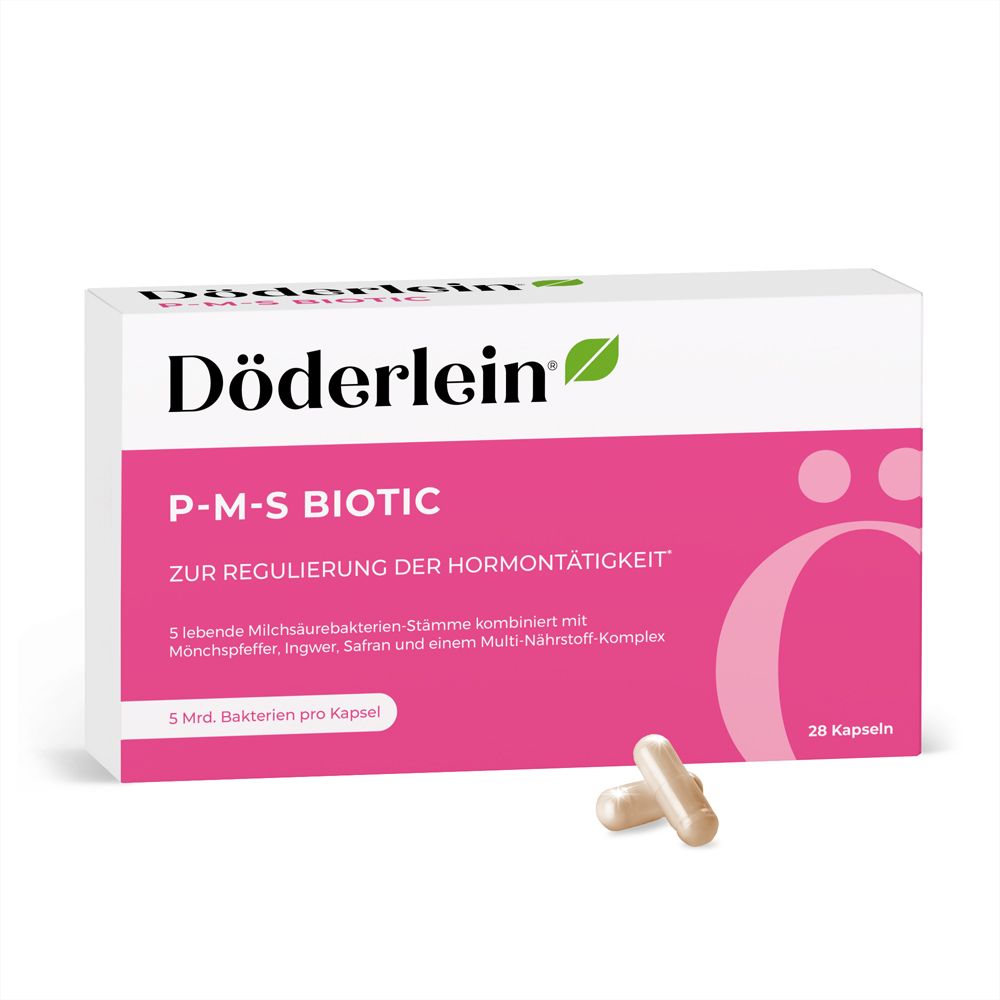 Döderlein P-M-S Biotic Packung. Weiße Schachtel mit rosa Akzenten. Enthält Kapseln.