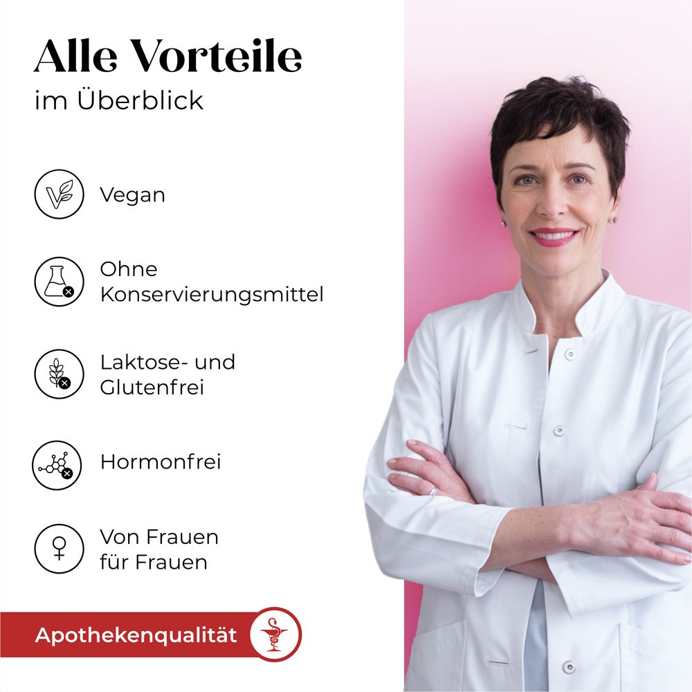 Frau mit weißem Kittel. Text: Alle Vorteile im Überblick. Vegan, ohne Konservierungsstoffe.