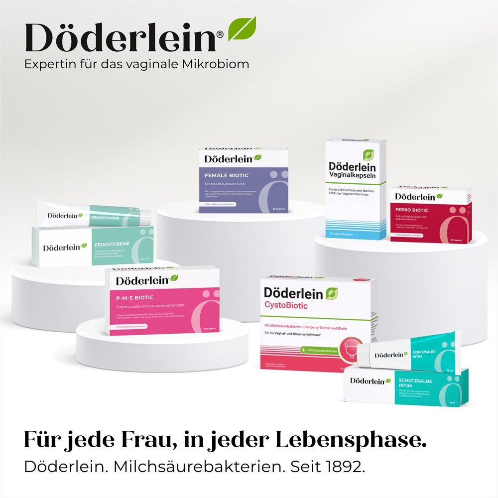 Verschiedene Döderlein Produkte. Text: Für jede Frau, in jeder Lebensphase.