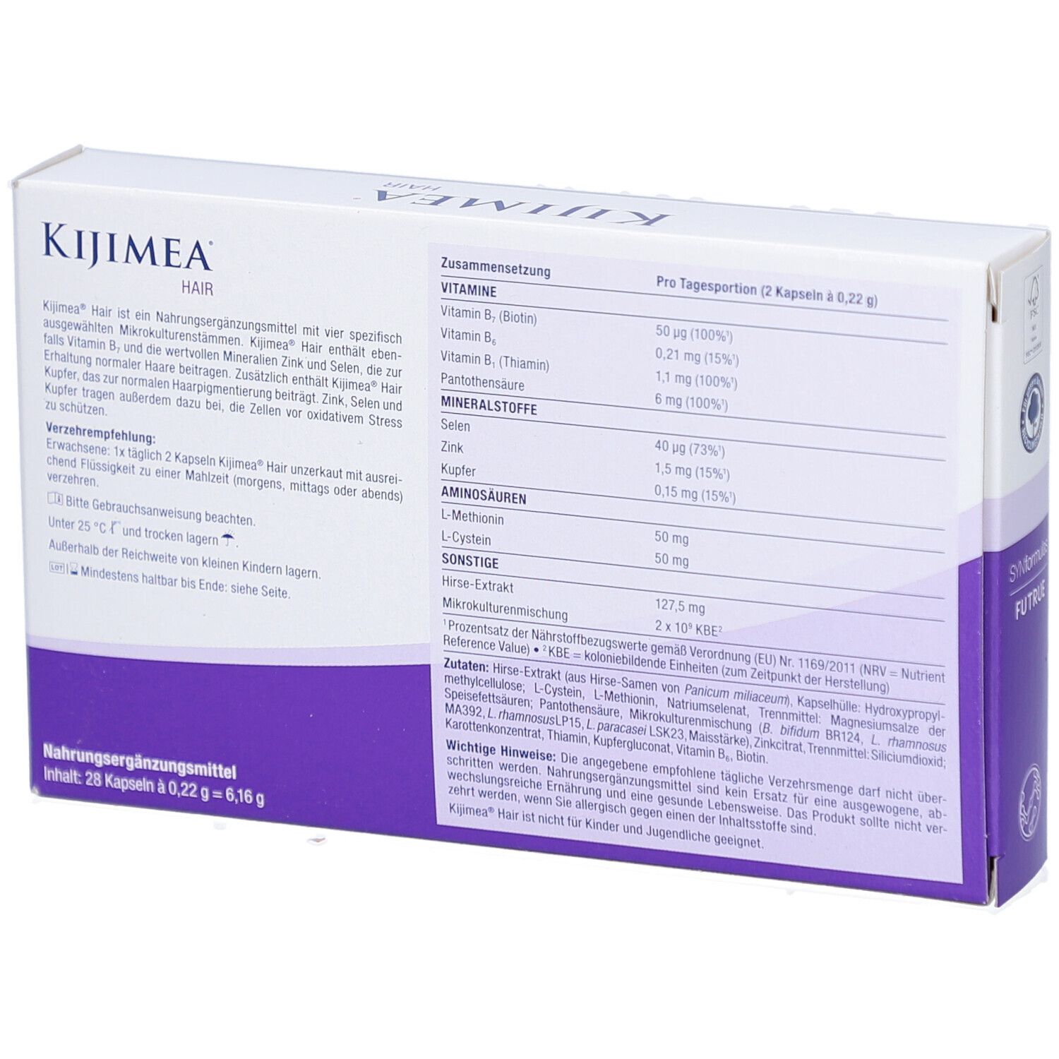 Rückseite der KIJIMEA HAIR-Verpackung. Enthält Informationen zu Inhaltsstoffen und Nährwerten. Text in deutscher Sprache.