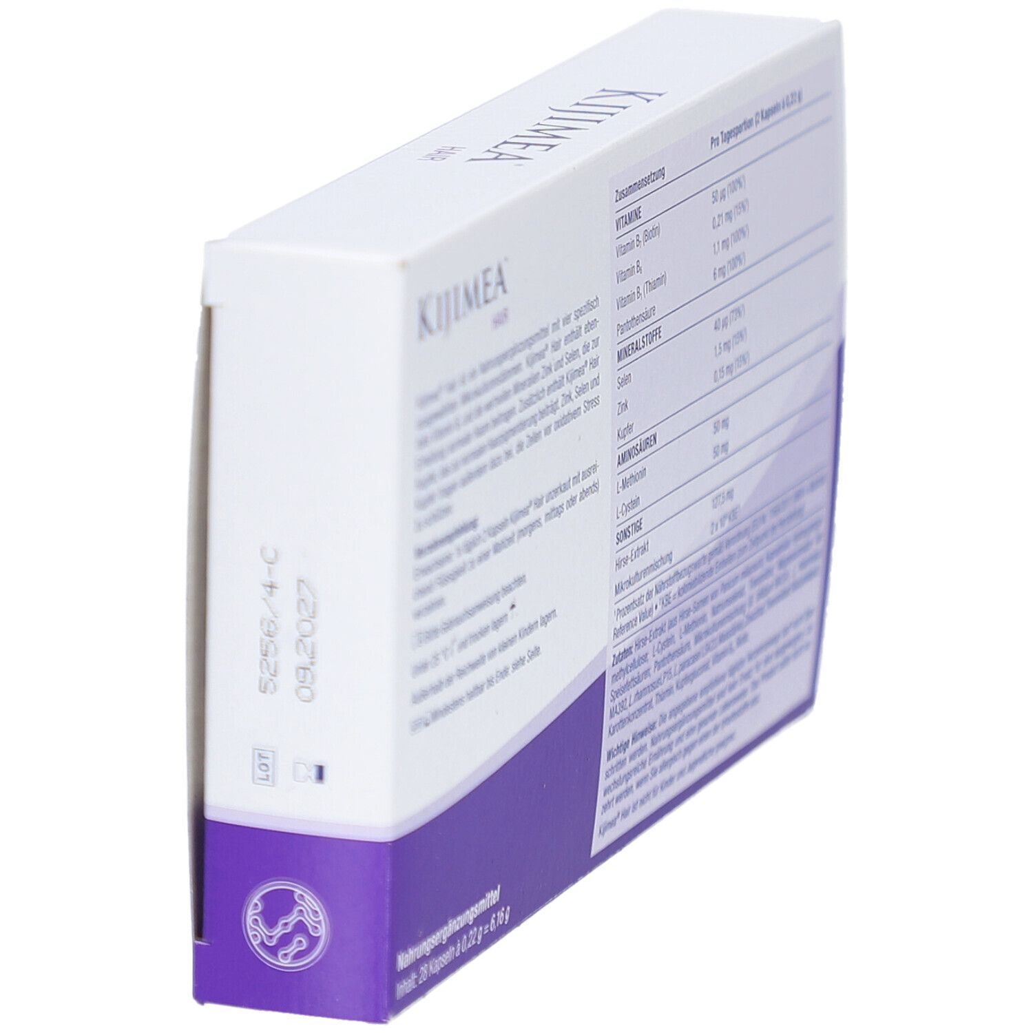 Schachtel KIJIMEA HAIR, schräg. Rückseite mit Inhaltsstoffangaben. Verfallsdatum 09/2027. Text in deutscher Sprache.