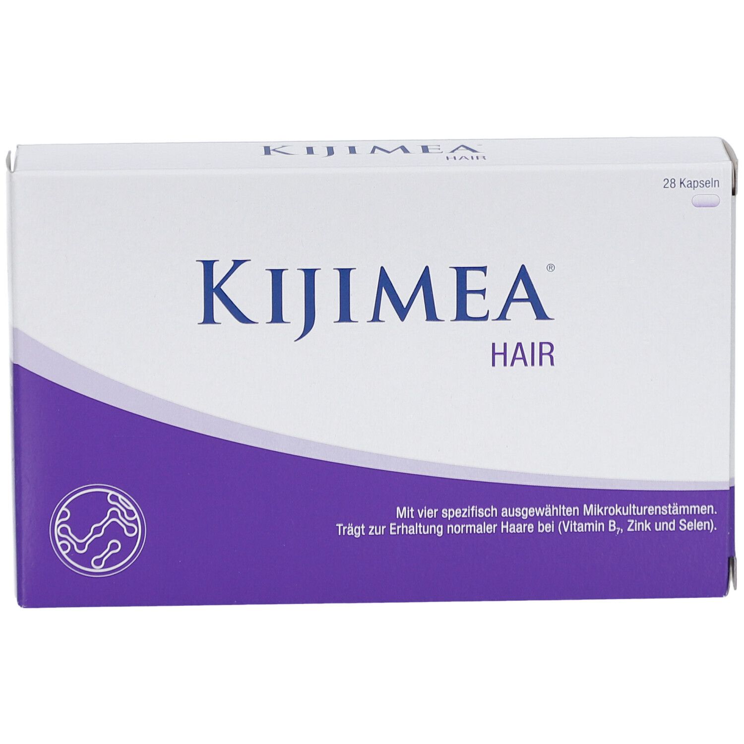 Weiße Schachtel mit lila Akzent. Aufschrift: KIJIMEA HAIR. Enthält 28 Kapseln. Text unten: Trägt zur Erhaltung normaler Haare bei.