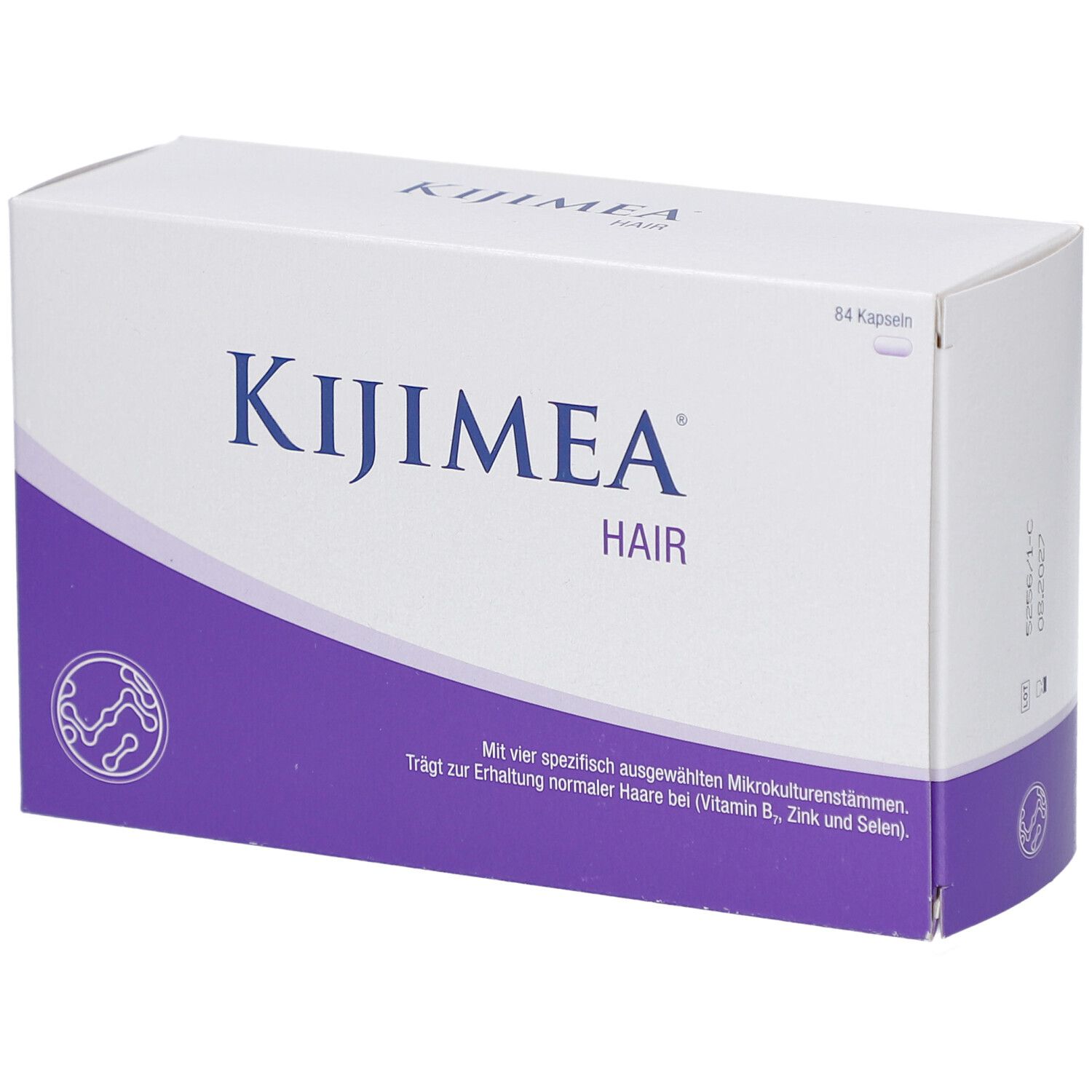 Weiße Schachtel mit lila Akzenten. Aufschrift: KIJIMEA HAIR. Enthält 64 Kapseln. Logo und Produktinformationen.